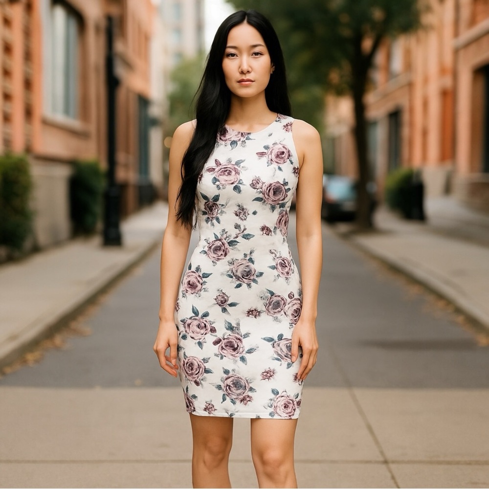 Rue 21 Off-White Pink Floral Bodycon Sleeveless Dress Stretchy Women’s Medium